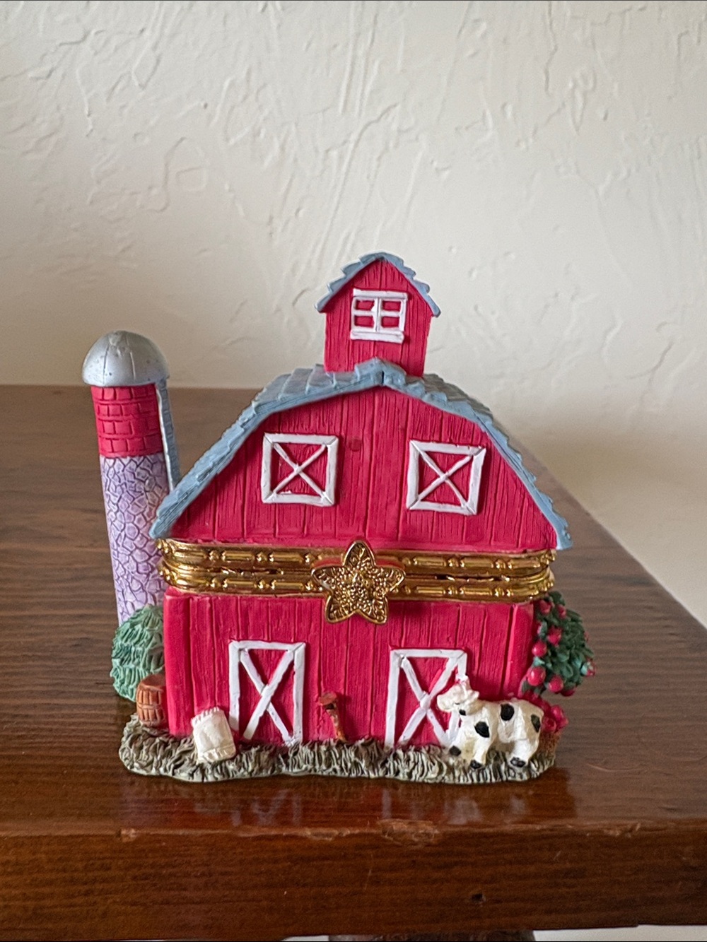 Decorative Red Barn Trinket Box with Gold Accent
